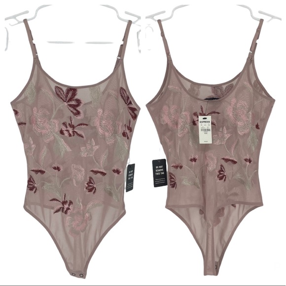 Express Tops - EXPRESS NWT WOMEN’S PINK SHEER FLORAL FLOWER EMBROIDERED BODYSUIT XXS PINK